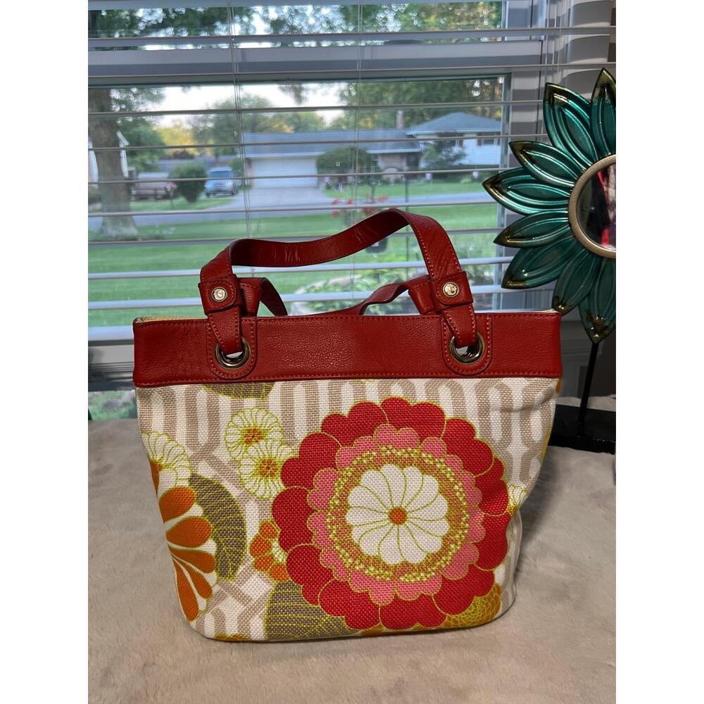 Spartina 449 Womens Size Tote Bag Floral Print Red Canvas Linen Leather Garden C